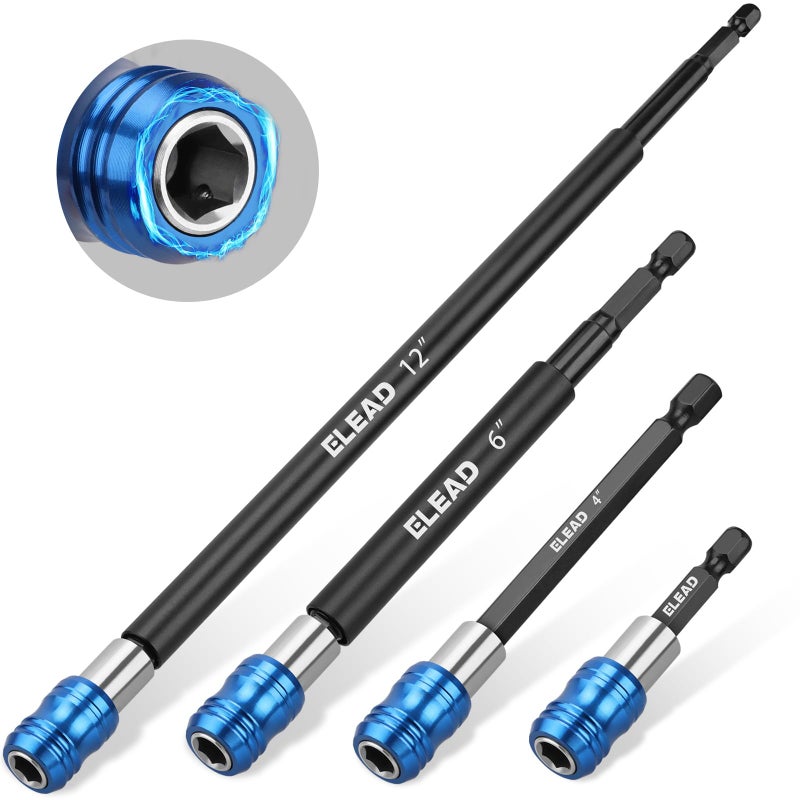 ELEAD 4-Piece 2", 4", 6", 12" Drill Bit Extension Set, Magnetic Screwdriver Bit Holder Extender with Aluminum Sleeve, 1/4 Inch Hex Shank Quick Release Extension Adapter, Durable CR-V Steel - Image 1