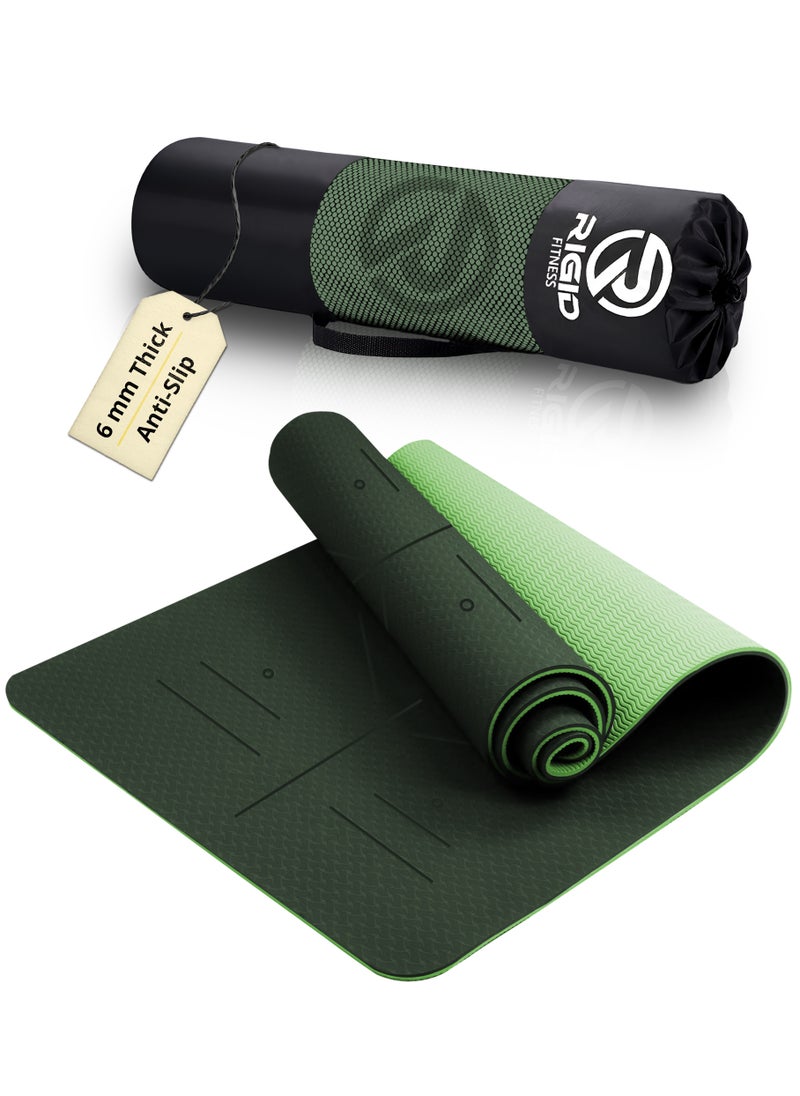 RIGID FITNESS Yoga Mat 6mm with Alignments - Anti-Slip TPE Yoga Mat with Carry Bag - Precision Alignment Lines, Lightweight & Durable for All Fitness Exercises - Thick Training Mat - 183*66cm (Green)  - Image 1