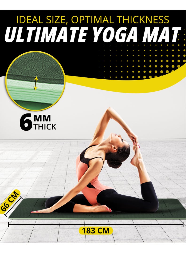 RIGID FITNESS Yoga Mat 6mm with Alignments - Anti-Slip TPE Yoga Mat with Carry Bag - Precision Alignment Lines, Lightweight & Durable for All Fitness Exercises - Thick Training Mat - 183*66cm (Green)  - Image 3