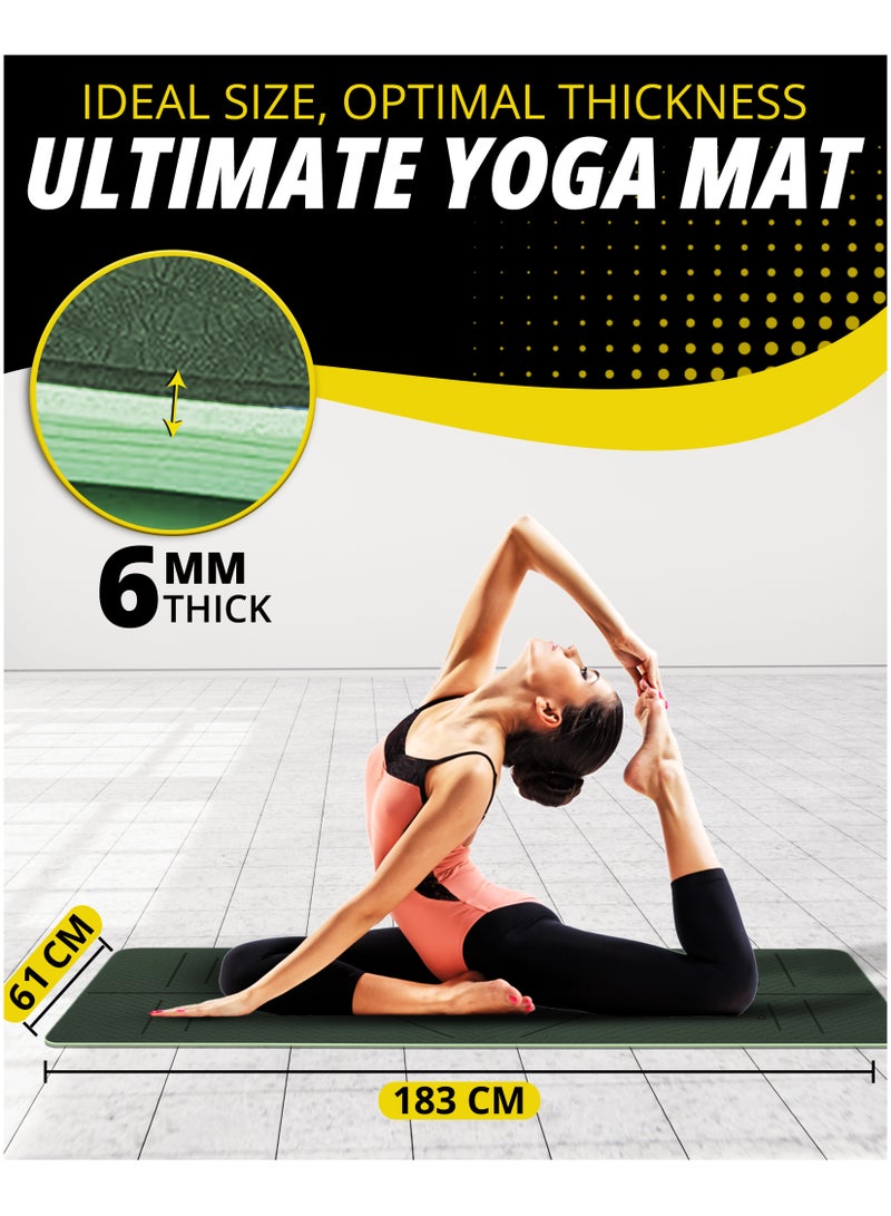 RIGID FITNESS Yoga Mat 6mm with Alignments - Anti-Slip TPE Yoga Mat with Carry Bag - Precision Alignment Lines, Lightweight & Durable for All Fitness Exercises - Thick Training Mat - 183*66cm (Green) - Image 3