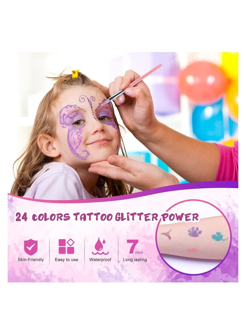 Excefore Glitter Tattoos for Kids Girls 30 Colors Glitter Tattoo Kit Waterproof & Temporary Butterfly Flower Fake Tattoos Body Glitter for Nail Art Crafts - 132 Stencils 5 Brushes 2 Body Glues  - Image 2