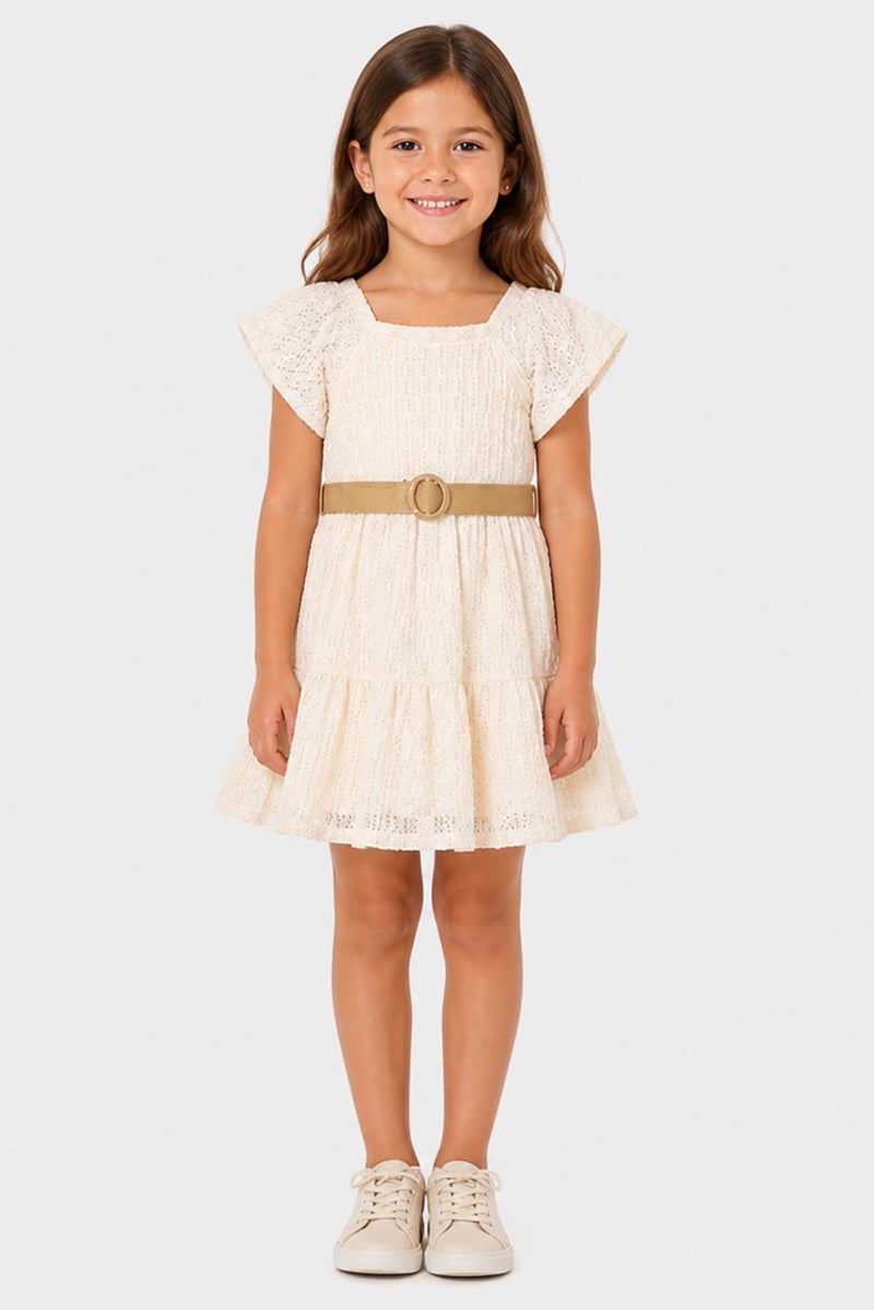 Willow & Whistle Kids Girl Textured Short Sleeve Dress, Off White - Image 1