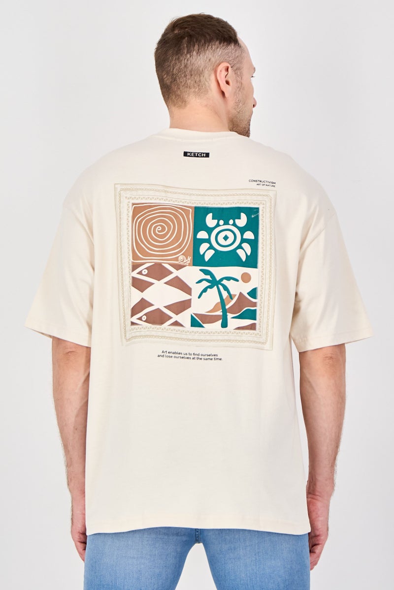 Ketch Men Crew Neck Short Sleeve Graphic Print T-Shirt, Light Cream - Image 3