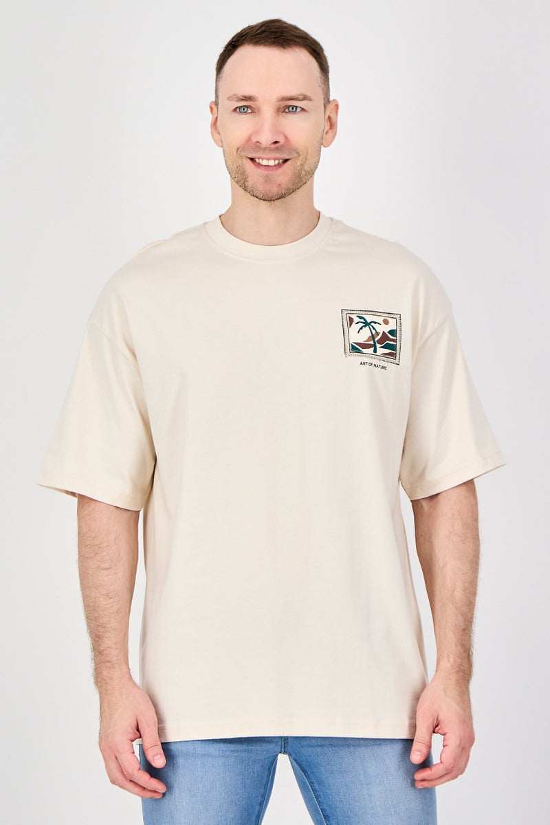 Ketch Men Crew Neck Short Sleeve Graphic Print T-Shirt, Light Cream - Image 1