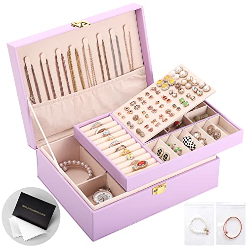 Jewelry Box for Girls Women Leather Jewelry Organizer with Lock Double Layers Jewelry Storage Case Removable Tray for Necklace Earring Ring with Polishing Cloth and Jewelry Bags Home Decor Gifts