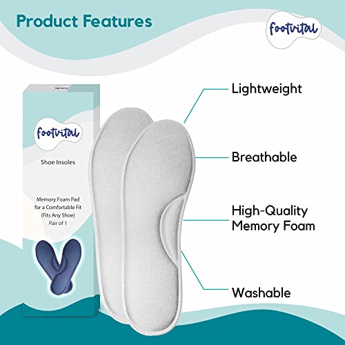 Footvital Memory Foam Shoe Insoles for Men and Women | Soft Cushioned Inserts for Long Standing and Walking | Supports Heel and Arch | Shock Absorbing | Moisture Absorbing | Lightweight Washable Insoles for All Shoes | 1 Pair | Grey | Size 7 - Image 3