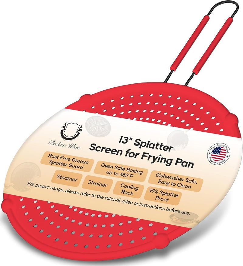 Beckon Ware Splatter Screen for Frying Pan | USA Brand | 13-Inch Red, Fit Pans (12" to 13") Silicone Grease Splatter Guard for Frying Pan and Stove by - Image 1