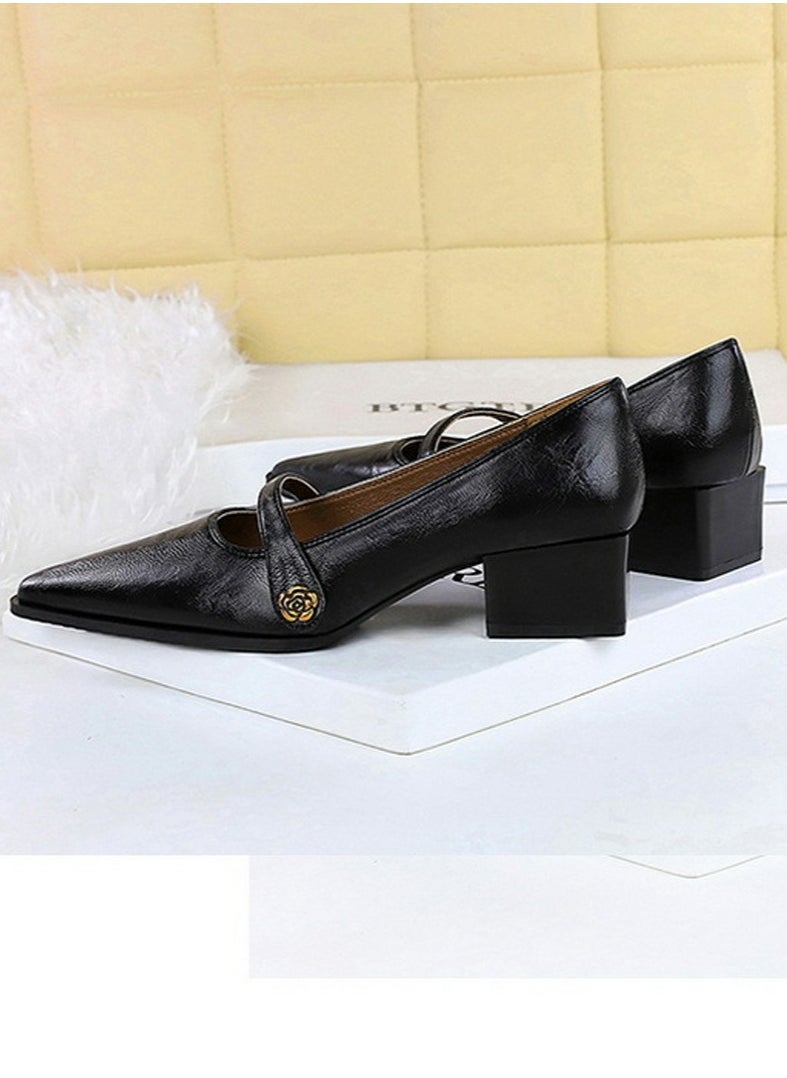 BIGTREE Mary Jane Shoes Low Chunky Heels Closed Pointed Toe Shoes With Ankle Strap Dark Black  - Image 2