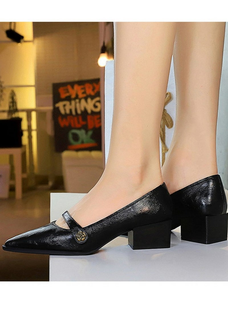 BIGTREE Mary Jane Shoes Low Chunky Heels Closed Pointed Toe Shoes With Ankle Strap Dark Black  - Image 4