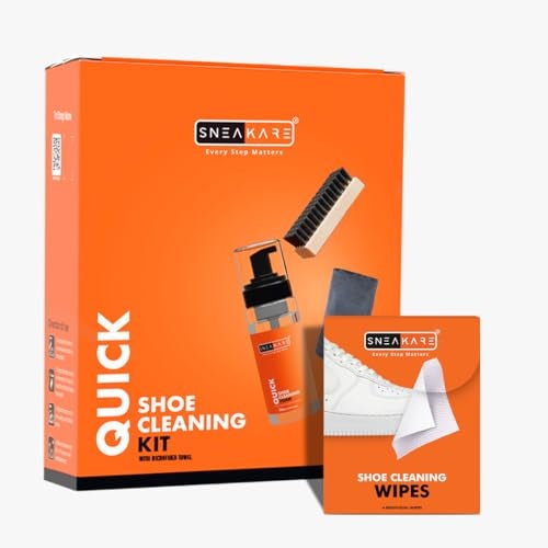 SNEAKARE Quick Kit With Towel - Contains 1 x 150ml Foam Shoe Cleaner, Medium Bristle Brush, Microfiber Towel & Wipes Pack of 6 - Sneaker Cleaner, Suede & Leather Shoes Cleaning Kit - Image 1