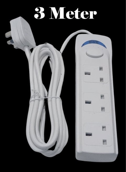 سلك تمديد شريط الطاقة بطول 3 أمتار، 3 منافذ، كابل طويل جدًا، تمديد مقبس الطاقة الأفضل للمنزل والمكتب والمطبخ والسفر، (أبيض) ((3 أمتار))
