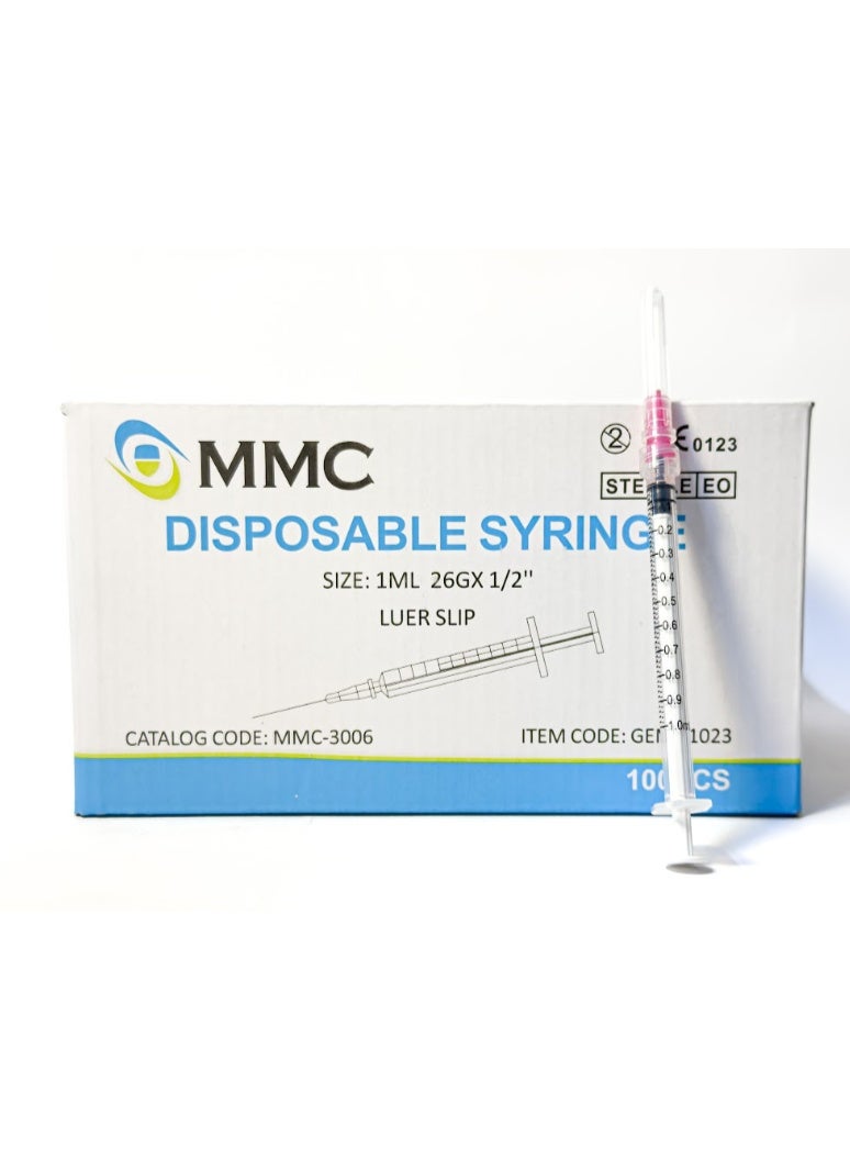 MMC 1ml 26G Disposable Syringe 1/2 inch Luer Slip Individual Pack - Image 2