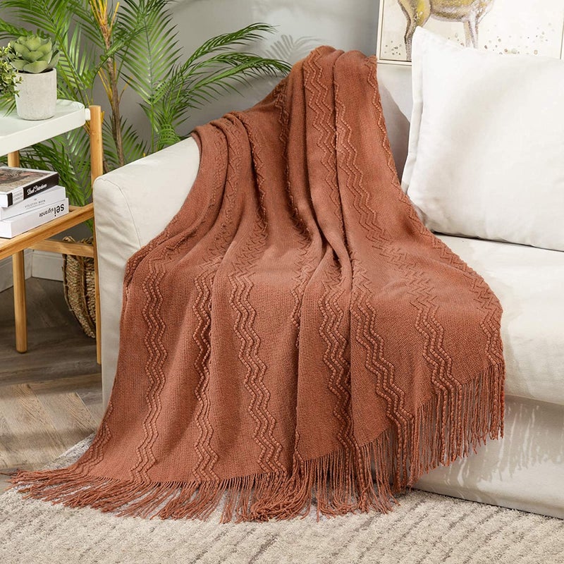 MIULEE MIULEE Knitted Boho Throw Blanket for Couch Textured Knit Terracotta Rust Blanket with Tassels Cozy Woven Farmhouse Blanket for Sofa Bed Chair Wave Pattern Fall Decor 50x60 Orange 
