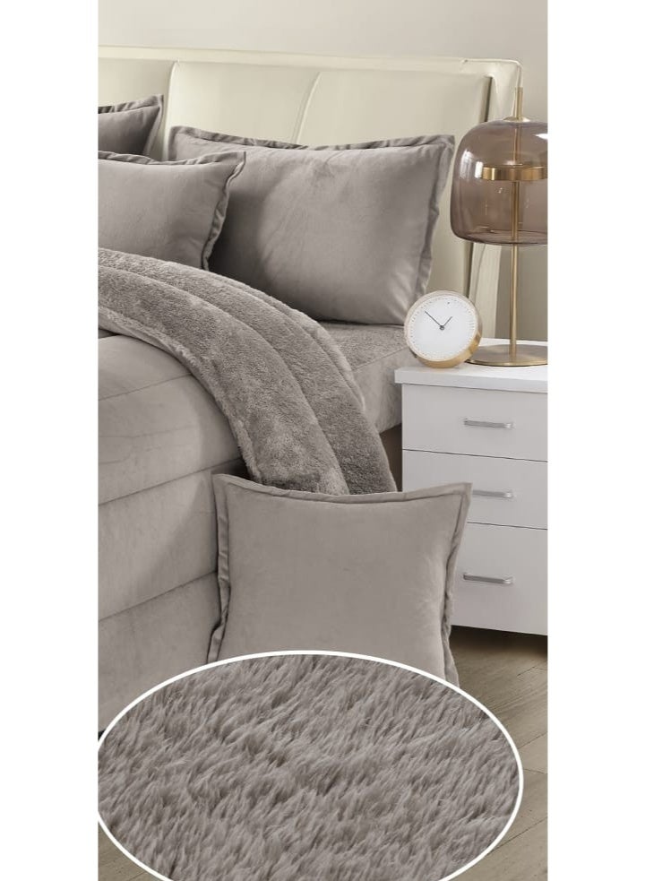 مون مفرش سرير نفرين شتوي يتكون من 6 قطع بتصميم مخمل السادة والفرو مقاس اللحاف 240x220 سم - Image 4