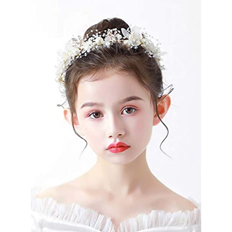 SOLARAE Headband Wedding Flower Girls, Rhinestone Pearl Crystal Beads Fairy Gold Vine Hair Accessories for Little Girl Princess Halo Tiara - Image 3