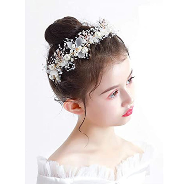 SOLARAE Headband Wedding Flower Girls, Rhinestone Pearl Crystal Beads Fairy Gold Vine Hair Accessories for Little Girl Princess Halo Tiara - Image 1