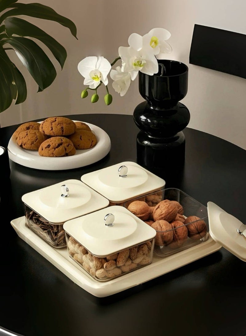JoyousSto White Elegant grain fruit plate Serving Set: Plastic Serving Tray & 4 Snack Boxes with Lid, Ideal for Home, nuts container dried fruit nut candy plate Candy Nuts Cookies Chips Party & Birthday - Image 1