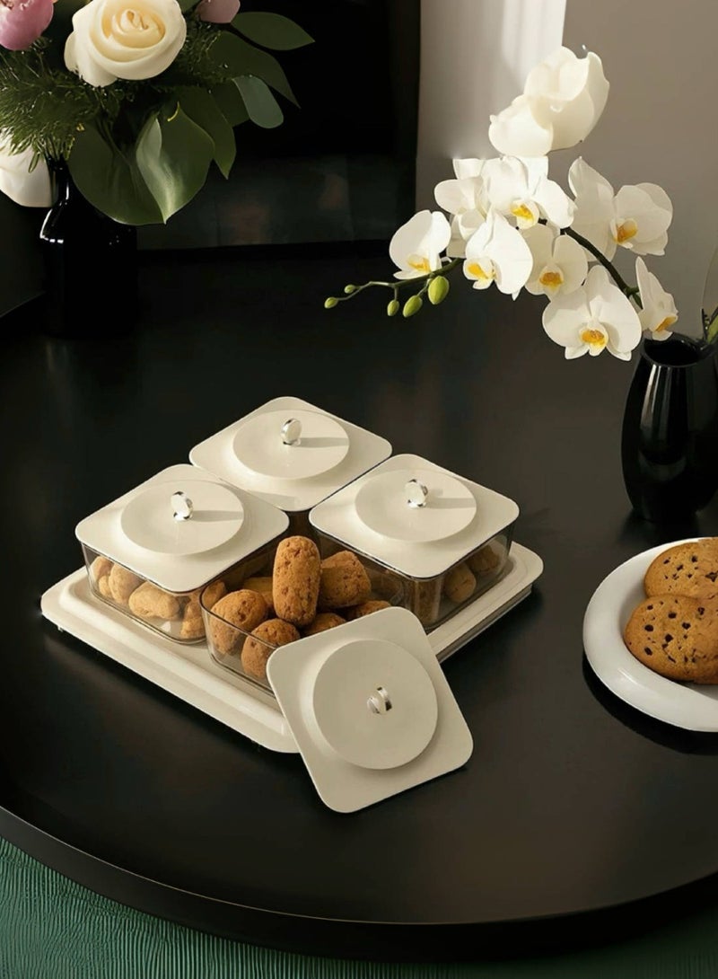 JoyousSto White Elegant grain fruit plate Serving Set: Plastic Serving Tray & 4 Snack Boxes with Lid, Ideal for Home, nuts container dried fruit nut candy plate Candy Nuts Cookies Chips Party & Birthday - Image 2