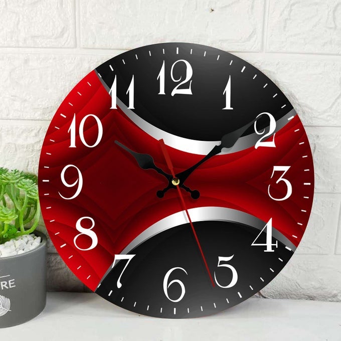 WOODEN WALL CLOCK SILENT NONTICKING RED BLACK GREY IRREGULAR GEOMETRIC GRID STRIPE ABSTRACT VINTAGE ROUND WALL CLOCKS DECOR FOR HOME KITCHEN LIVING ROOM OFFICE BATTERY OPERATED12 INCH