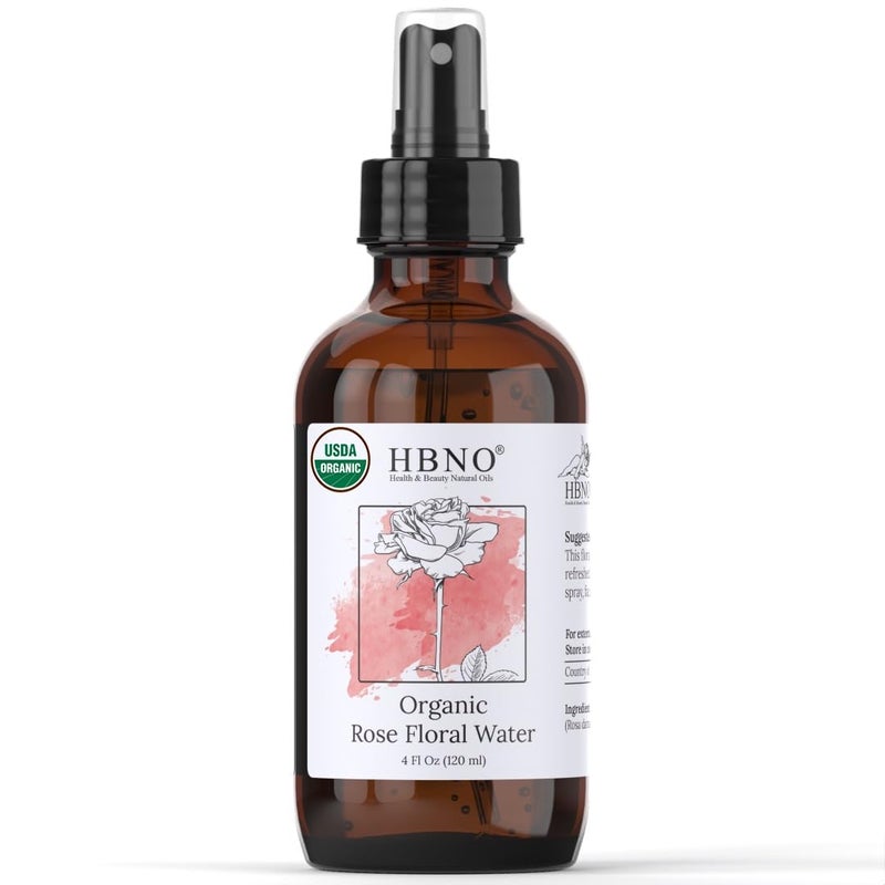 HBNO California Bottled Organic Rose Water for Face 4 fl oz (120ml) - USDA Certified Organic Rose Water Spray for Cleansing- Pure Rosewater for Hair - Rosewater Face Mist - Image 1