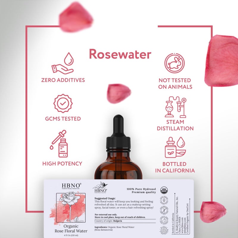 HBNO California Bottled Organic Rose Water for Face 4 fl oz (120ml) - USDA Certified Organic Rose Water Spray for Cleansing- Pure Rosewater for Hair - Rosewater Face Mist - Image 4