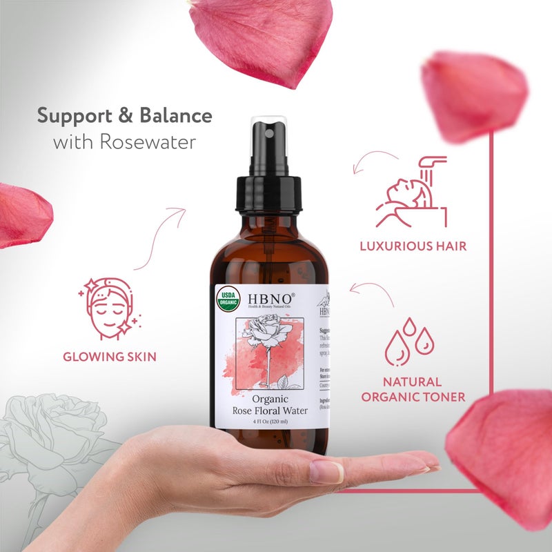 HBNO California Bottled Organic Rose Water for Face 4 fl oz (120ml) - USDA Certified Organic Rose Water Spray for Cleansing- Pure Rosewater for Hair - Rosewater Face Mist - Image 2