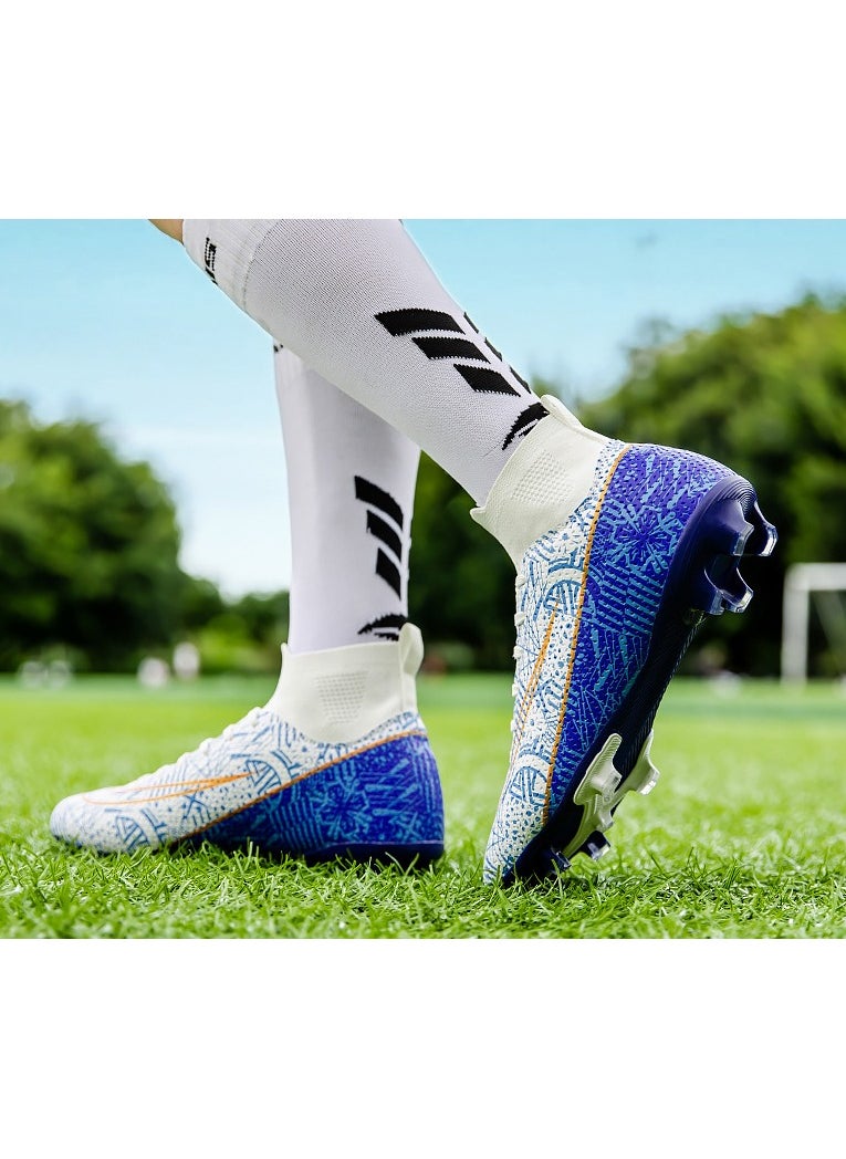 Generic - Football Boots for Men Women Unisex-Adult Football Shoes Sneakers High Ankle Non-Slip Training Sneaker Athletics Football Soccer Shoes for Youth Students (Blue and White) - Image 1