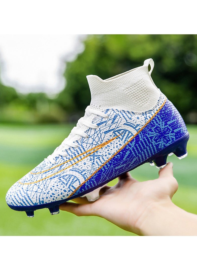 Generic - Football Boots for Men Women Unisex-Adult Football Shoes Sneakers High Ankle Non-Slip Training Sneaker Athletics Football Soccer Shoes for Youth Students (Blue and White) - Image 1
