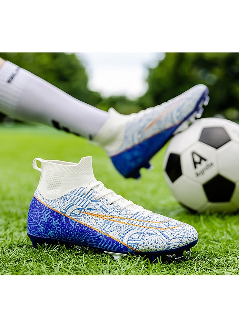 Generic - Football Boots for Men Women Unisex-Adult Football Shoes Sneakers High Ankle Non-Slip Training Sneaker Athletics Football Soccer Shoes for Youth Students (Blue and White) - Image 1