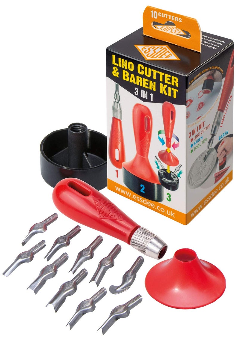 ESSDEE 3 in 1 Lino Cutter and Baren Kit 10 Cutters Styles 1 to 10 Multicoloured