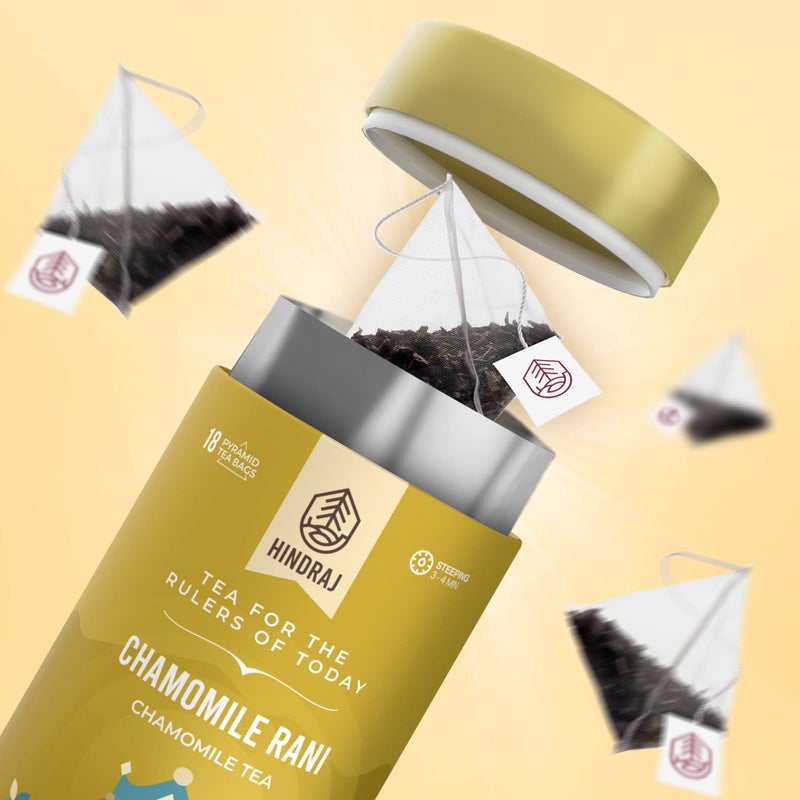 House of Hindraj | Chamomile Rani | Herbal Tea | 18 Pyramid tea Bags | Chamomile Flowers, Individually Wrapped, Gluten‚ÄëFree, Caffeine‚ÄëFree, Relaxing Green Tea, No Added Sugar | Stress Relief & Sleep Support - Image 2