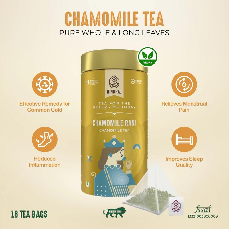 House of Hindraj | Chamomile Rani | Herbal Tea | 18 Pyramid tea Bags | Chamomile Flowers, Individually Wrapped, Gluten‚ÄëFree, Caffeine‚ÄëFree, Relaxing Green Tea, No Added Sugar | Stress Relief & Sleep Support - Image 3