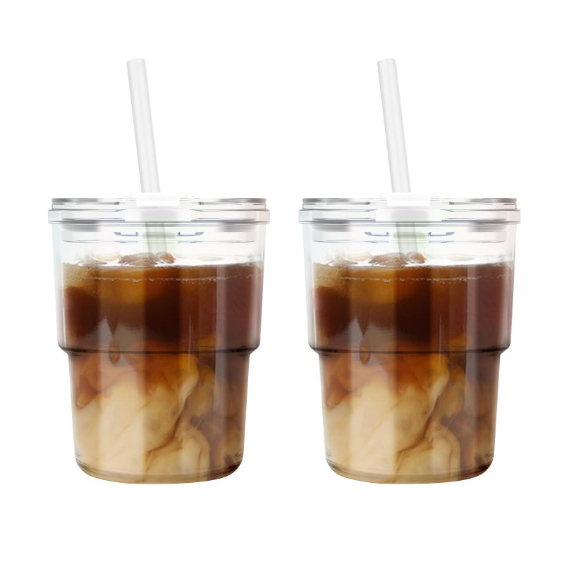 Luxfuel 13 oz Tumbler Water Glass Cups with Straw & Lid, Reusable Iced Coffee, Tea Cups, Leak-Proof Thick Wall Travel Glass Tumbler for Home, Office, Car Cup Holder Friendly, BPA Free (Shimmer,2 Pack) - Image 1