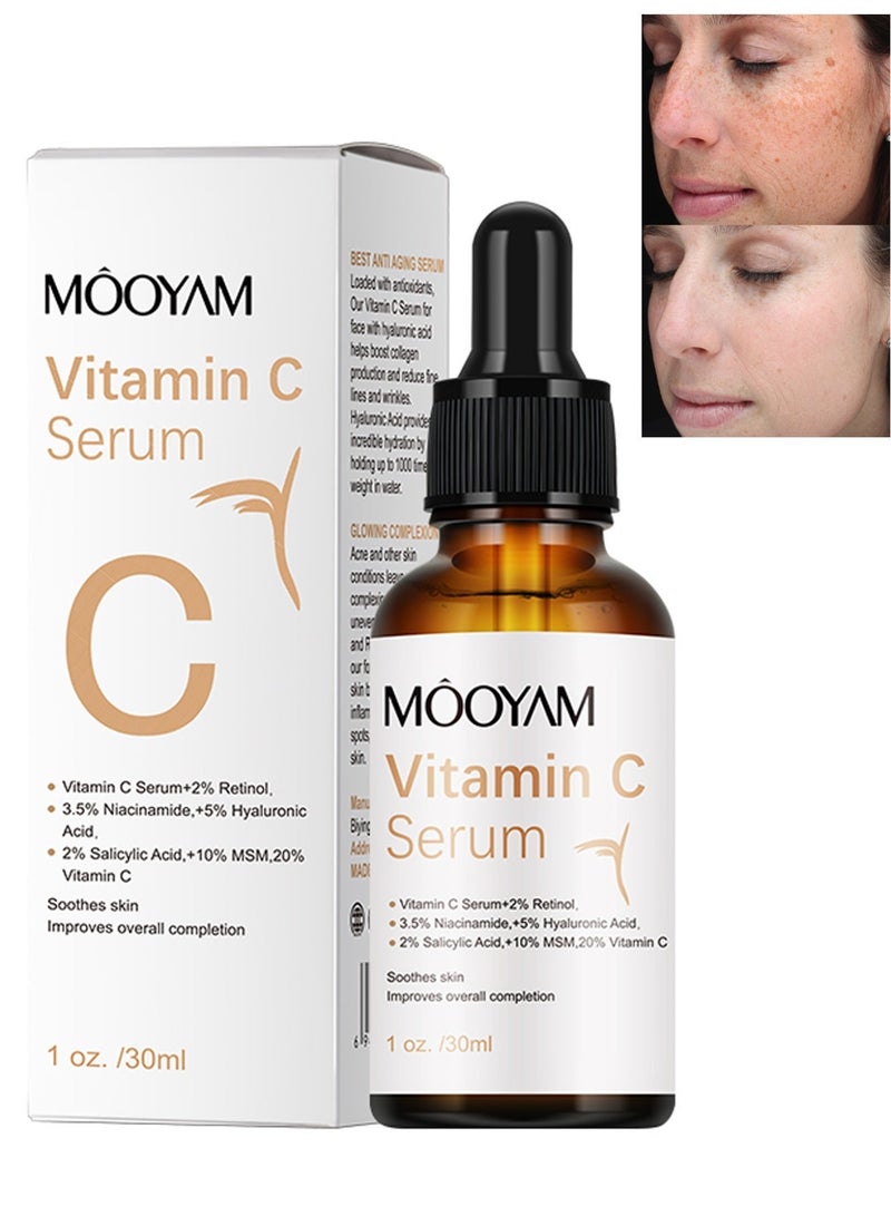 MOOYAM Vitamin C Serum for Face with Hyaluronic Acid Retinol and Salicylic Acid Anti Aging Facial Serum for Wrinkles Dark Spots and Brightening Improves Skin Tone and Texture 30ml - Image 1