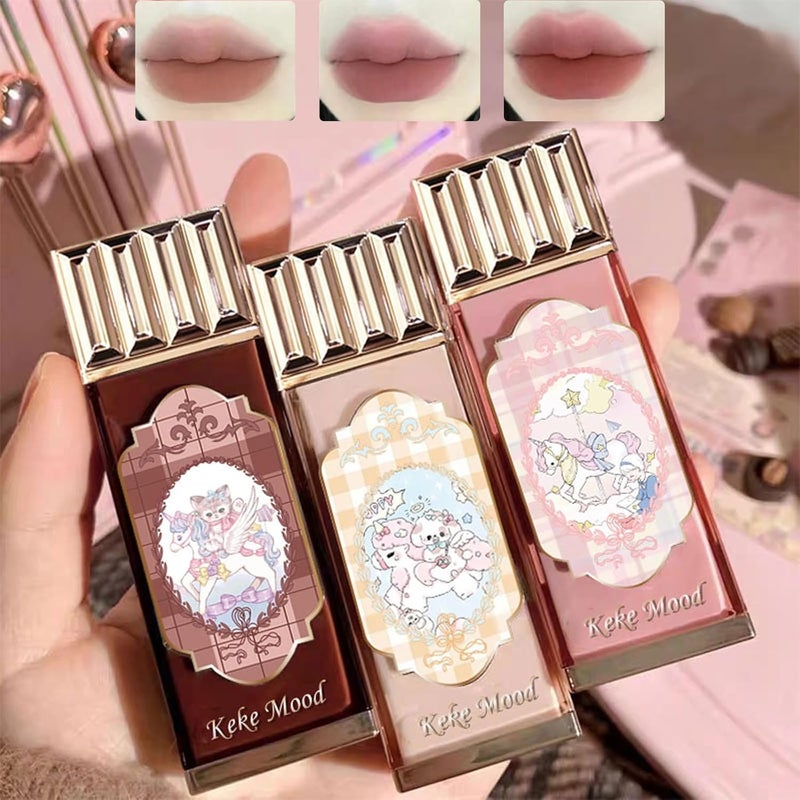 3Pcs Matte Nude Lip Gloss Set 3 Colors Silky Velvet Lipstick with Cute Chocolate Shape Package Nonstick Cup Long Lasting Waterproof Lip Stain Lip Tint Daily Professional Lip Makeup