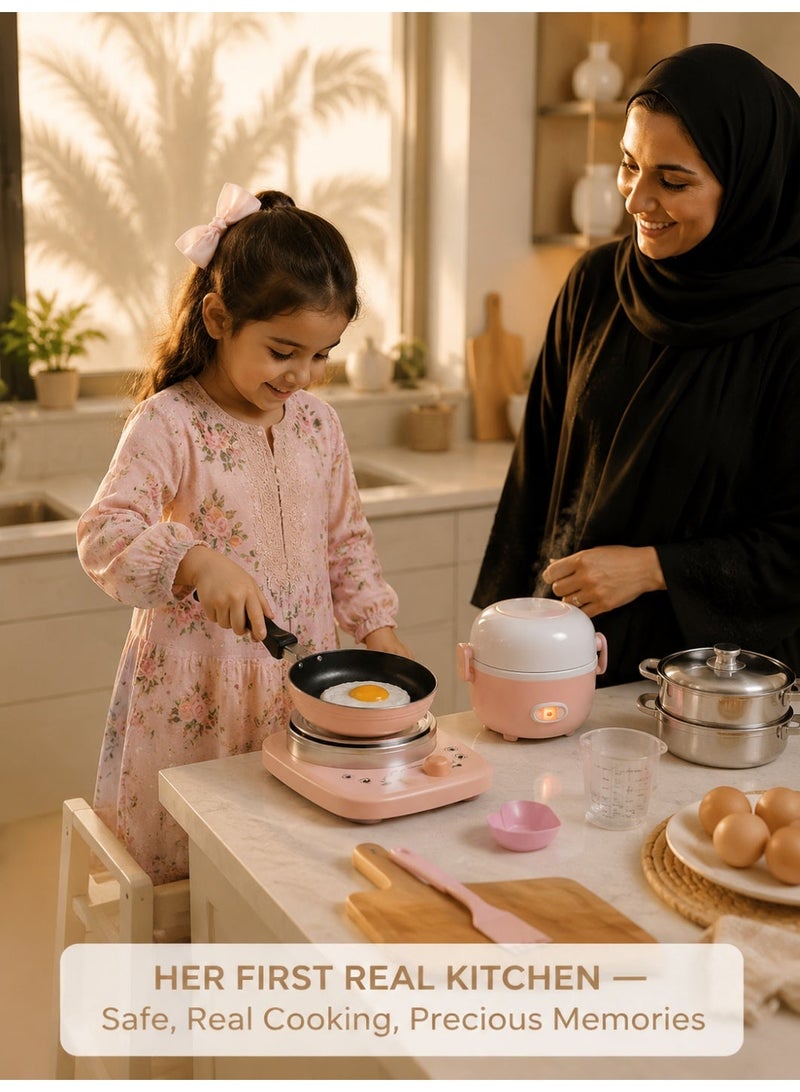 جودي بلاي Joudiplay مجموعة مطبخ طبخ حقيقي للأطفال – 11 قطعة ستانلس ستيل، وردي شمبانيا، طبخ بالبخار والغلي اثنين في واحد، طبخ ذكي بالحث بدون لهب، لعبة تعليمية عملية للبنات، وردي - Image 2
