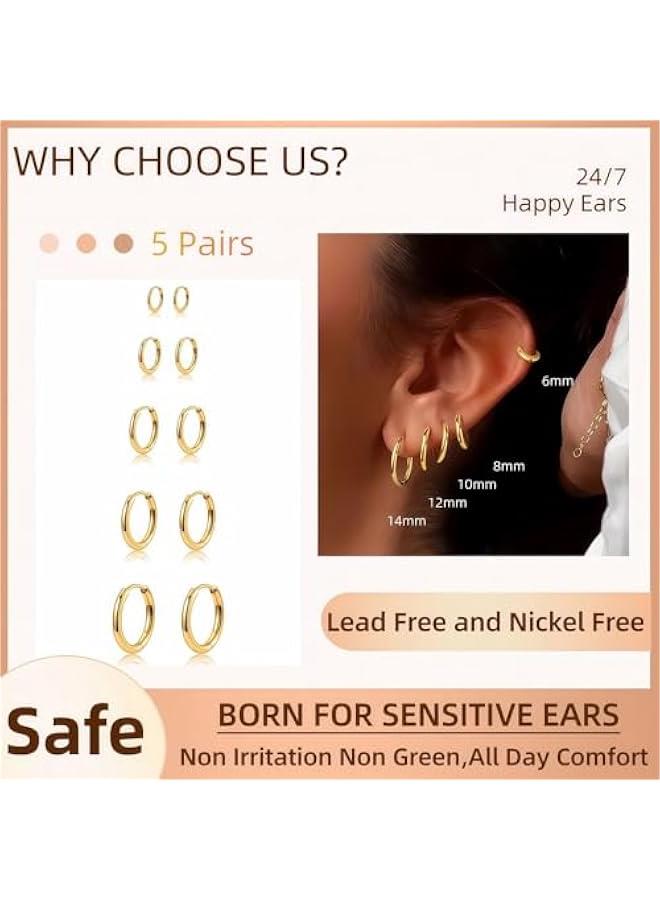 5 Pairs 14K Gold Plated Huggie Hoop Earrings for Women - Lightweight Minimalist Small Hoops, Hypoallergenic Nickel-free Lead-free, Non-Tarnish Everyday Jewelry for Sensitive Ears, Multiple Piercing Stack Set  - Image 2