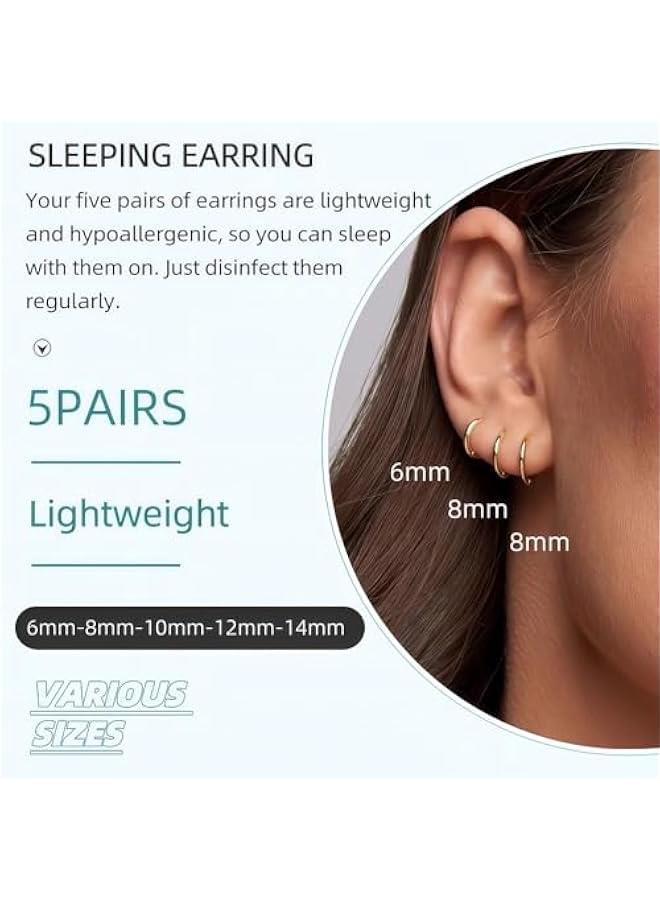 5 Pairs 14K Gold Plated Huggie Hoop Earrings for Women - Lightweight Minimalist Small Hoops, Hypoallergenic Nickel-free Lead-free, Non-Tarnish Everyday Jewelry for Sensitive Ears, Multiple Piercing Stack Set  - Image 4