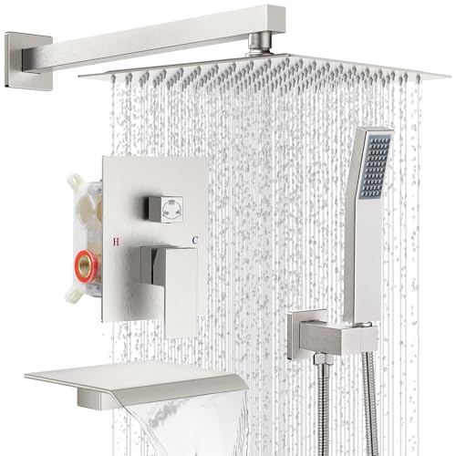 IUERASD Rain Shower Faucet Set Wall Mounted Rainfall with Tub Spout Shower Head System Rough-in Valve Body and Trim Included Brush Nickel (10 Inches) - Image 1