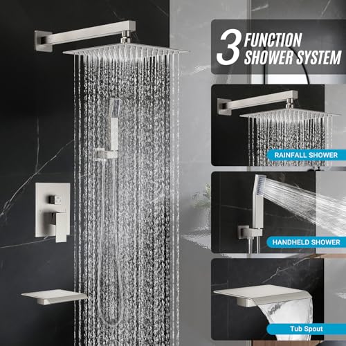 IUERASD Rain Shower Faucet Set Wall Mounted Rainfall with Tub Spout Shower Head System Rough-in Valve Body and Trim Included Brush Nickel (10 Inches) - Image 2
