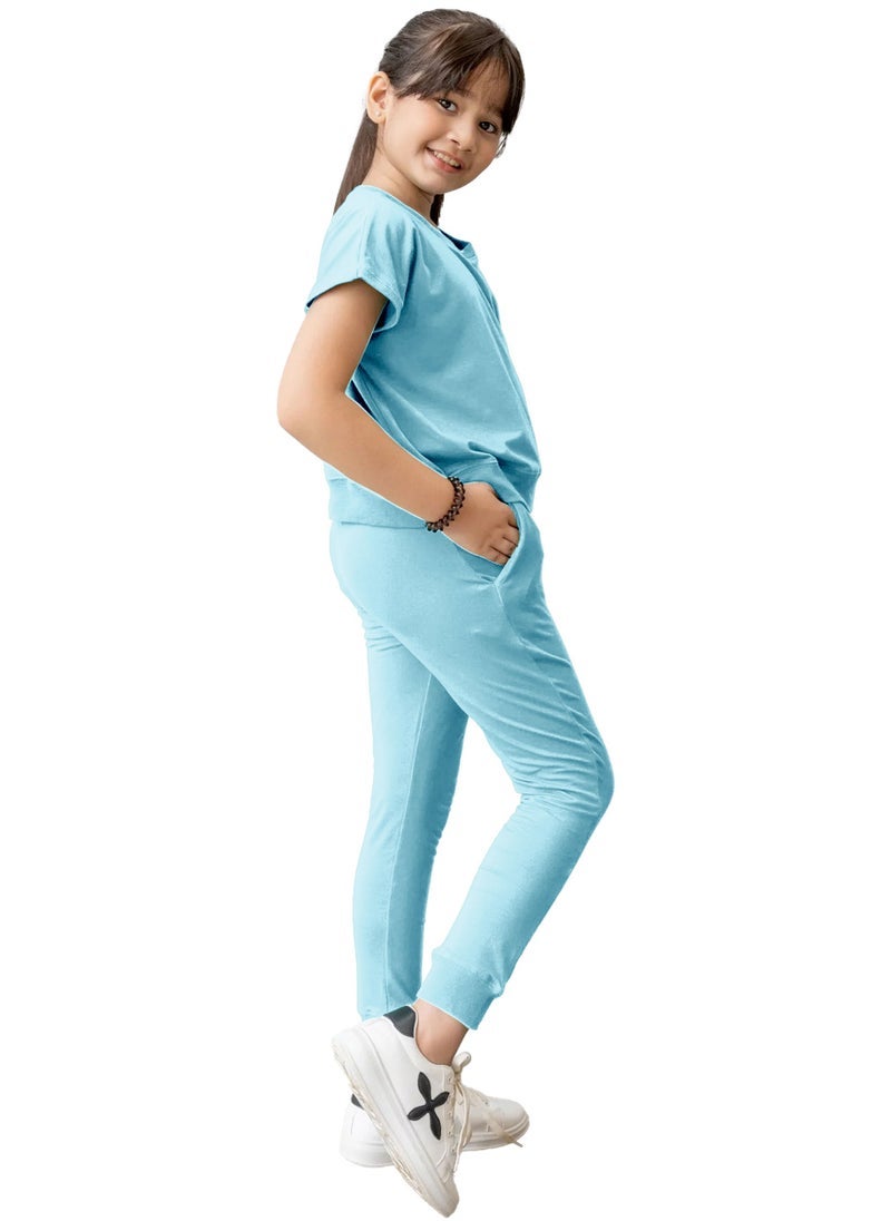 Selecta Now kids girls sky blue t shirt top legging set soft stretchable cotton casual outfit comfortable stylish everyday wear co ord set - Image 3