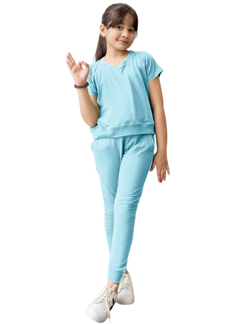 Selecta Now kids girls sky blue t shirt top legging set soft stretchable cotton casual outfit comfortable stylish everyday wear co ord set - Image 4