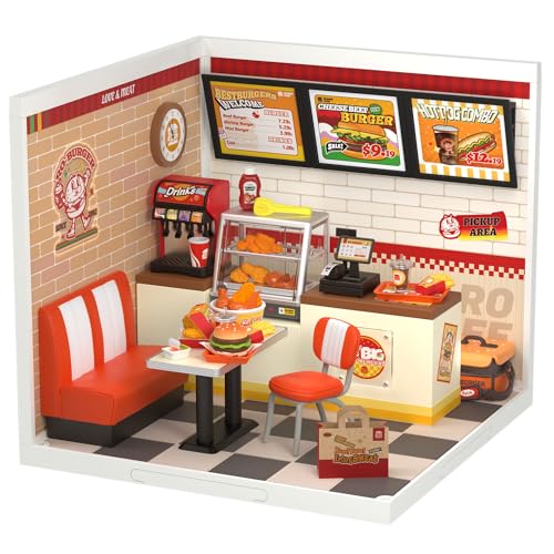 Rolife DIY Miniature Plastic House Building Set Toys Playset with LED Suitable for Mini Figures Construction Toys Diorama Kit Gifts for Teens Adults Yum Yum Burgers - Image 1