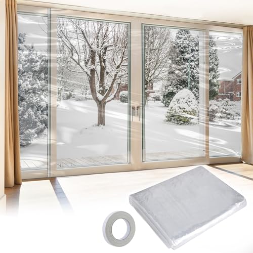 Apipi Patio Door Window Insulation for Winter - 87 x 236 in Thicken Sealing Plastic for Winterizing, Clear Shrink Film Cover Kit with Double-Side Tape for Large Window/ Sliding Door/French Door - Image 1