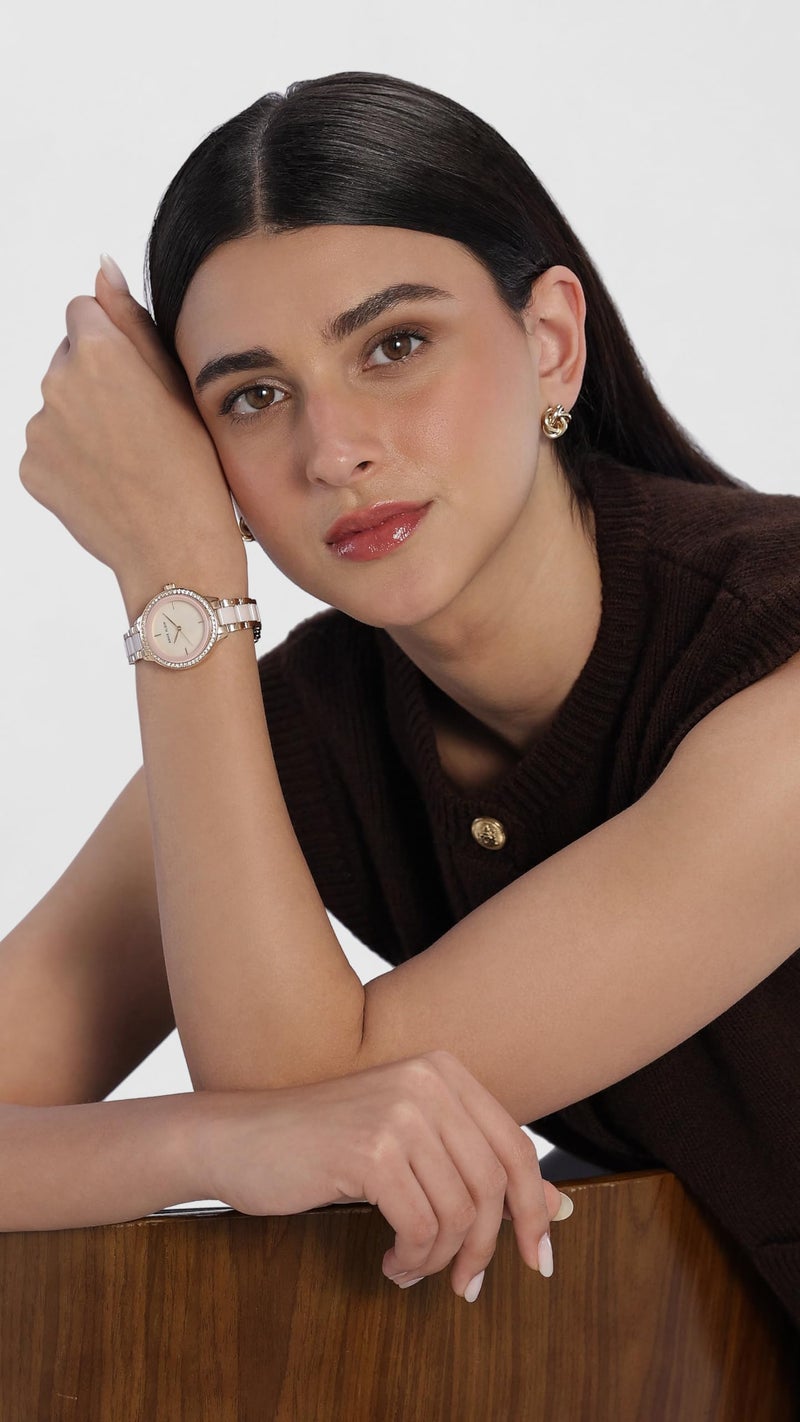 Anne Klein Quartz Analog Mother of Pearl Dial Two Toned Gold & Pink Ceramic Strap Watch for Women - NEAK1418RGLP - Image 2