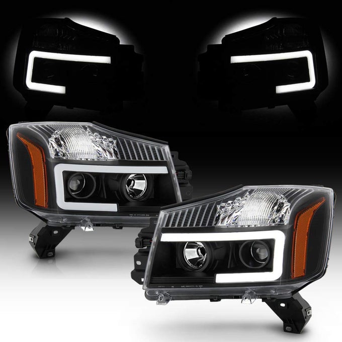 For 20142015 Nissan Titan 0407 Armada Black Housing Led Tube Projector Headlights Headlamps Assembly Pair Set