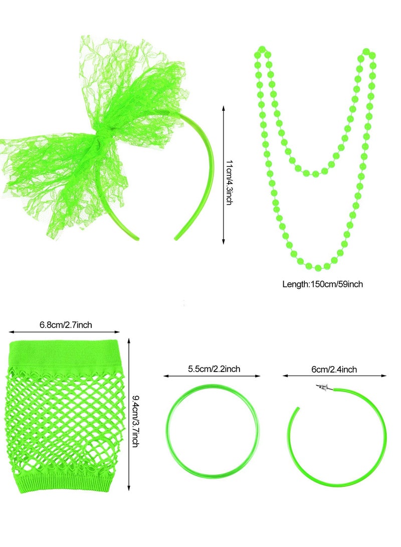 80s Retro Costume Accessories Set - Lace Headband, Fishnet Gloves, Earrings, Necklace & Bracelet in Fluorescent Green for Parties - Image 5