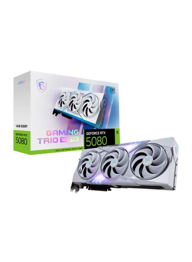 MSI GeForce RTX 5080 16GB GAMING TRIO OC WHITE Graphics Card - NVIDIA GeForce RTX 5080, 2715 MHz Boost, 10752 CUDA Cores, 16GB GDDR7, 256-bit Memory, PCIe Gen 5, DisplayPort 2.1 x 3, HDMI 2.1, HDCP Support, 360W Power Consumption, 850W PSU Recommended, 7680x4320 Digital Resolution, G-SYNC, DirectX 12 Ultimate, 4.6 OpenGL, 4 Max Displays | 912-V531-048 Silver - Image 1