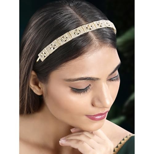 Peora Gold Plated White Kundan Studded Fancy Hair Band Ethnic Fashion Jewellery for Women & Girls - Image 2