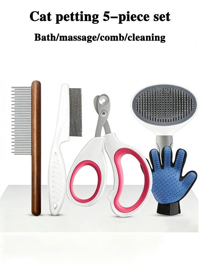5 Piece Pet Grooming Tool Set with Massage Comb, Nail Clipper, Bushy Tooth Comb, Grooming Comb and Grooming Glove for Bathing, Grooming, Shedding - Image 1